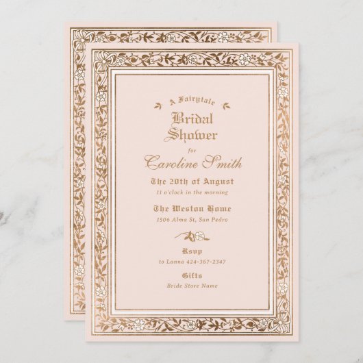 おとぎ話のピ淡い色のンクブライダルシャワー 招待状 (正面/裏面)