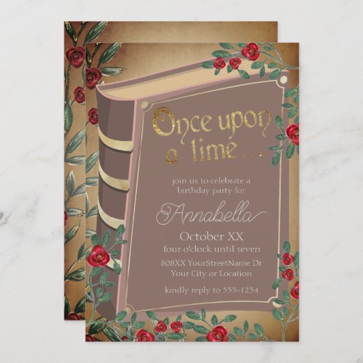 おとぎ話のブックカバーに赤いバラが飾られている 招待状 (正面/裏面)