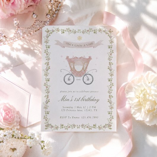 おとぎ話のプリンセスの馬車の1歳の誕生日 招待状