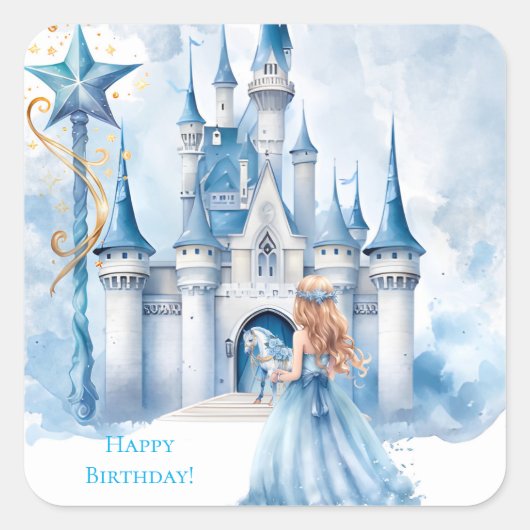 おとぎ話のプリンセス城の女の子の誕生日パーティー スクエアシール (正面)