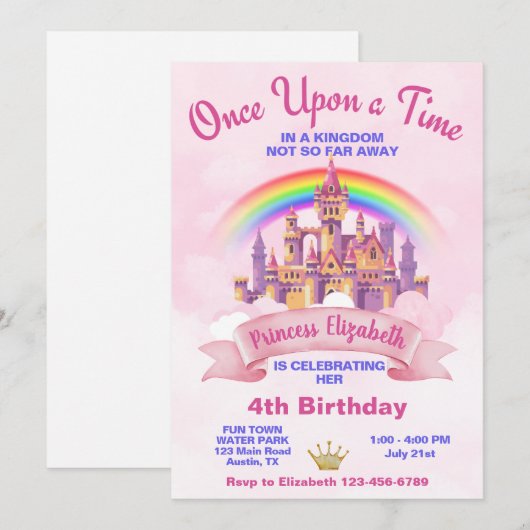 おとぎ話のプリンセス城の誕生日 招待状 (正面/裏面)