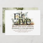 おとぎ話のユニコーン・ドラゴン・マジック城 5歳の誕生日 招待状 (正面/裏面)