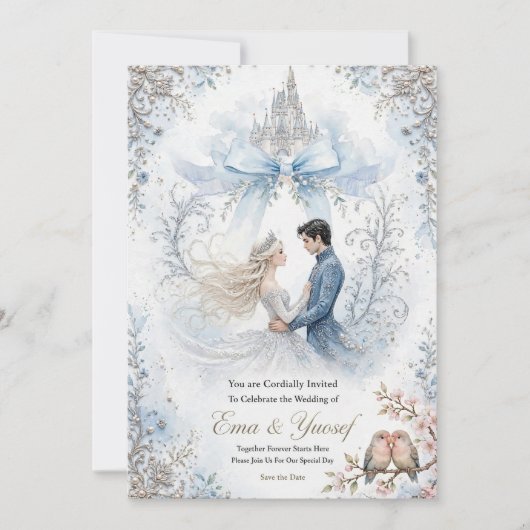 おとぎ話のライトブルーのリボンの城の結婚式の招待状 招待状 (正面)