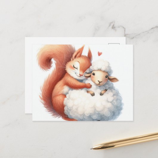 おとぎ話のリスが羊を抱く ポストカード (正面/裏面インサイチュ)