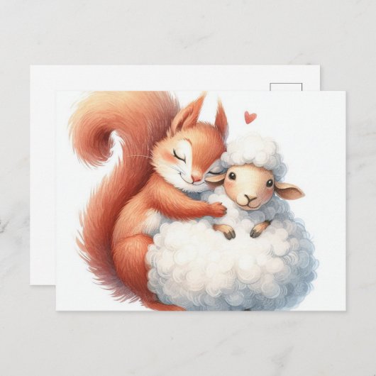 おとぎ話のリスが羊を抱く ポストカード (正面/裏面)
