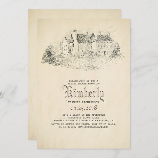 おとぎ話の古い城のヴィンテージのブライダルシャワー 招待状 (正面/裏面)