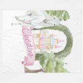 おとぎ話の城と白い馬の水色 フリースブランケット (正面(横))