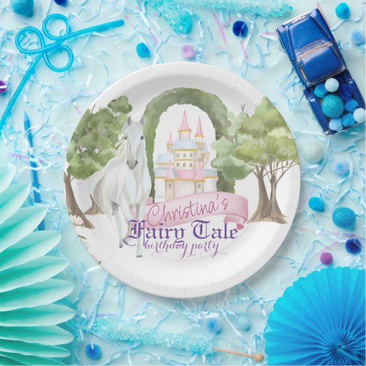 おとぎ話の城と白い馬の水色 ペーパープレート (パーティー)
