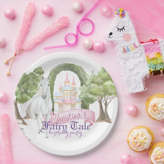 おとぎ話の城と白い馬の水色 ペーパープレート (パーティー)