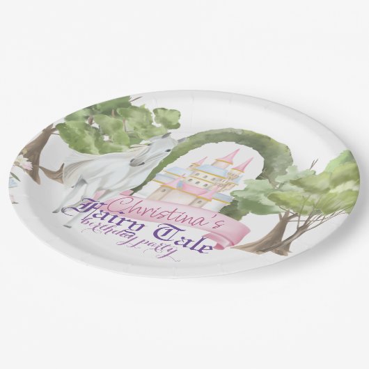 おとぎ話の城と白い馬の水色 ペーパープレート (アングル)