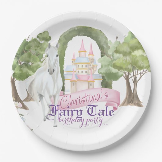 おとぎ話の城と白い馬の水色 ペーパープレート (正面)