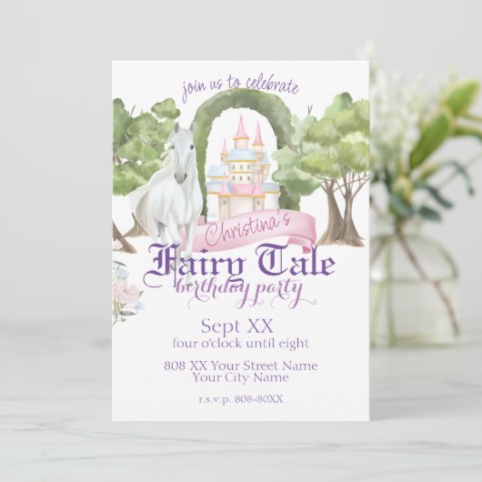 おとぎ話の城と白い馬の水色 招待状 (スタンド正面)