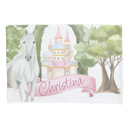 おとぎ話の城と白い馬の水色 枕カバー (正面)