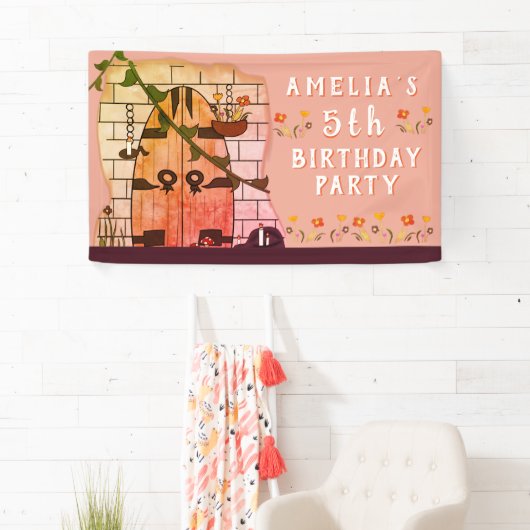 おとぎ話の城のドア花の女の子の誕生日パーティー 横断幕 (インサイチュ)