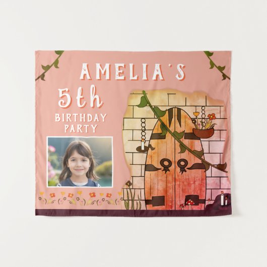 おとぎ話の城のドア花の誕生日パーティーの写真 タペストリー (正面(横))