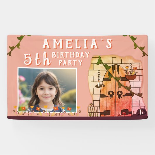 おとぎ話の城のドア花の誕生日パーティーの写真 横断幕 (横)