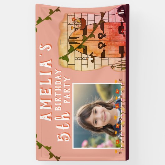 おとぎ話の城のドア花の誕生日パーティーの写真 横断幕 (縦)