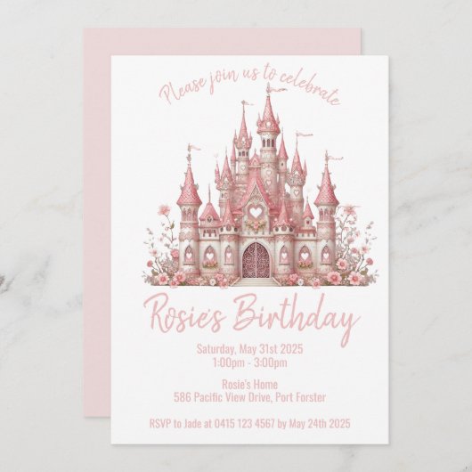 おとぎ話の城ガールピンクの誕生日パーティー 招待状 (正面/裏面)