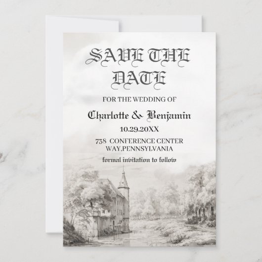 おとぎ話の城ビンテージ結婚式の日付を保存 セーブザデート (正面)