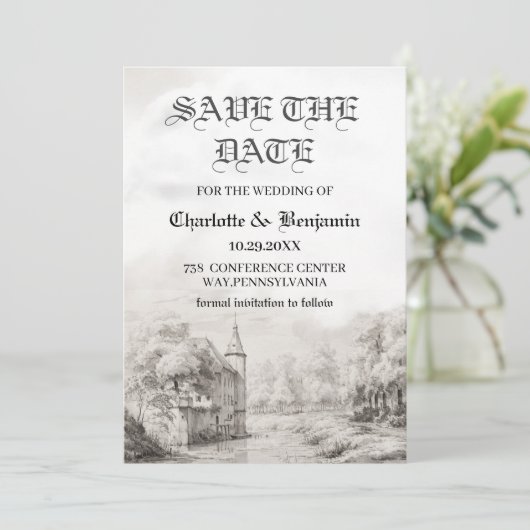 おとぎ話の城ビンテージ結婚式の日付を保存 セーブザデート (スタンド正面)