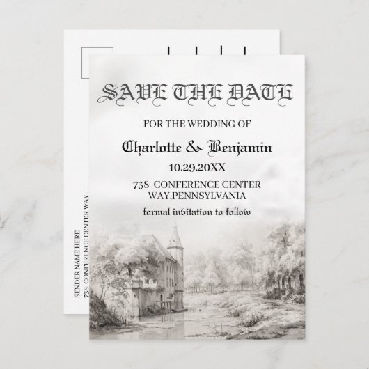 おとぎ話の城ビンテージ結婚式の日付を保存 案内ポストカード (正面/裏面)