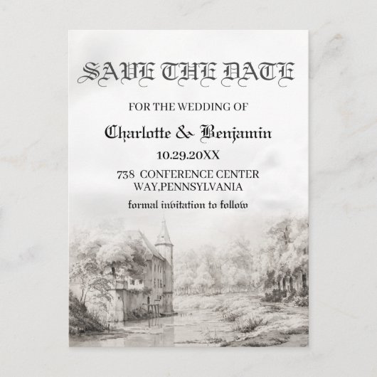 おとぎ話の城ビンテージ結婚式の日付を保存 案内ポストカード (正面)