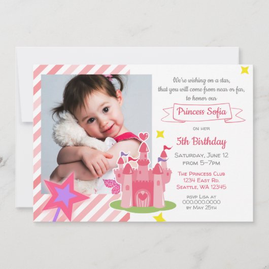おとぎ話の城ピンクプリンセス写真誕生日 招待状 (正面)