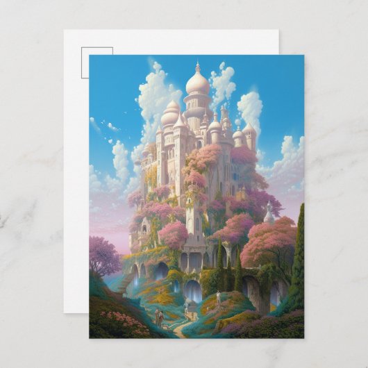 おとぎ話の城ピンクホワイト金ゴールドファンタジーアート ポストカード (正面/裏面)