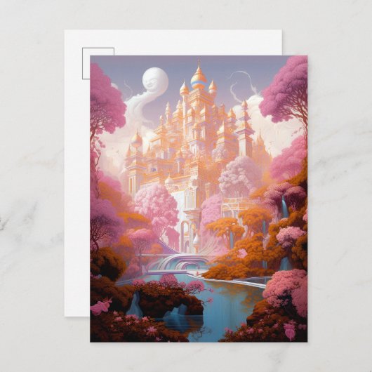 おとぎ話の城ピンクホワイト金ゴールドファンタジーアート ポストカード (正面/裏面)