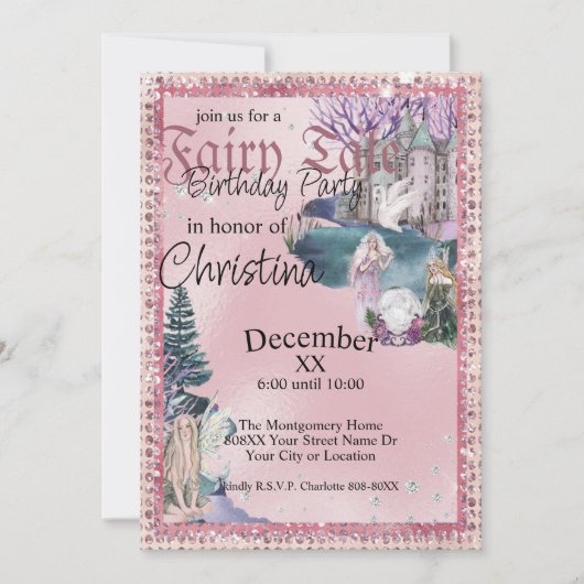 おとぎ話の妖精たちがピンクに輝くクリスタルボール 招待状 (正面)