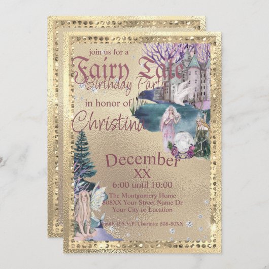 おとぎ話の妖精クリスタルボールを金ゴールド 招待状 (正面/裏面)