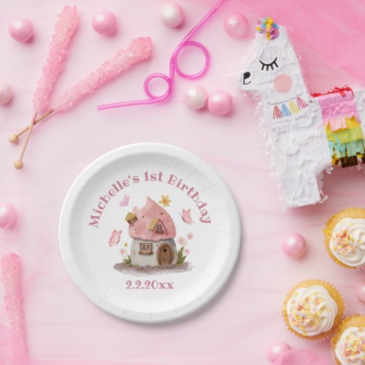 おとぎ話の家1st誕生日ピンクかわいいシック ペーパープレート (パーティー)