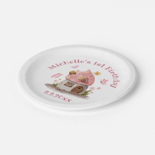 おとぎ話の家1st誕生日ピンクかわいいシック ペーパープレート (アングル)