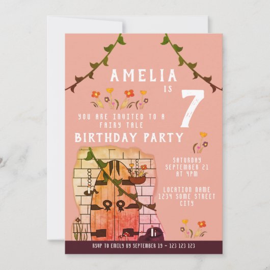 おとぎ話の扉おとぎ話の女の子の誕生日パーティー 招待状 (正面)