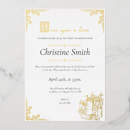 おとぎ話の本をテーマにした本金ゴールド赤ちゃんシャワー 箔招待状 (正面)