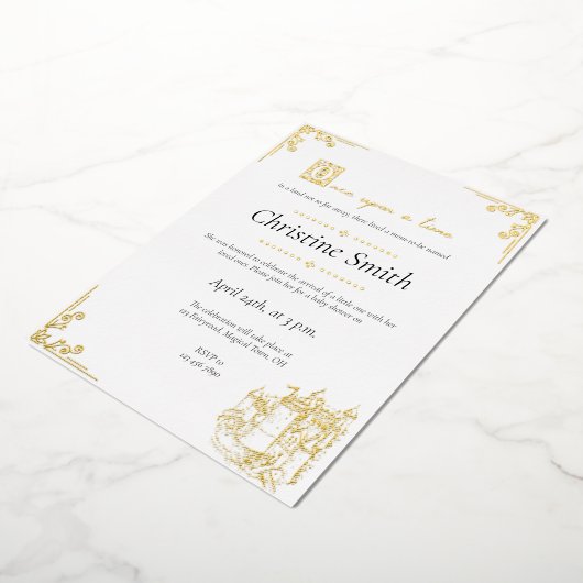 おとぎ話の本をテーマにした本金ゴールド赤ちゃんシャワー 箔招待状 (回転した状態)