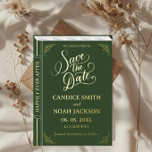 おとぎ話の本カバー緑の結婚式の日付を保存 箔招待状