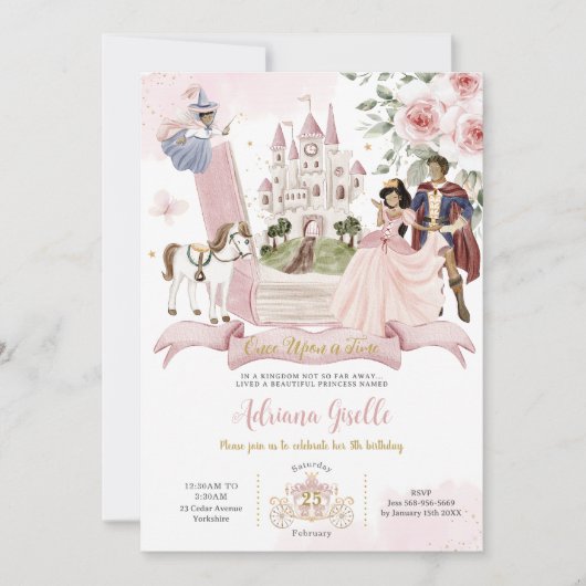 おとぎ話の本ワンタイムオンザタイムプリンセス誕生日 招待状 (正面)