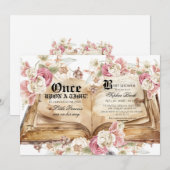 おとぎ話の本 ピンクのバラ 花のベビーシャワー 招待状 (正面/裏面)