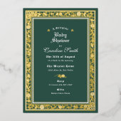 おとぎ話の森の緑と金ゴールドの赤ちゃんシャワー 箔招待状 (正面)