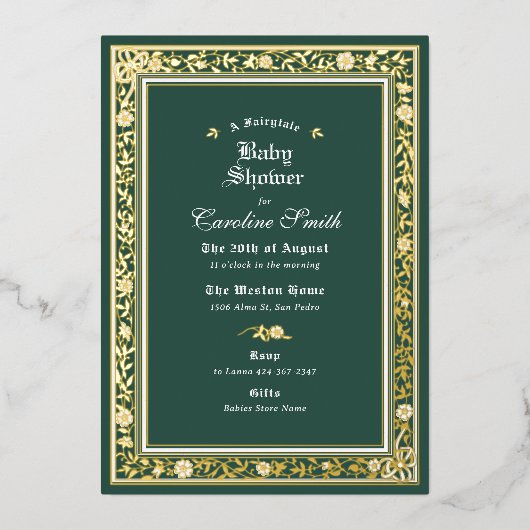 おとぎ話の森の緑と金ゴールドの赤ちゃんシャワー 箔招待状 (正面)