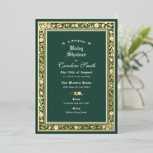 おとぎ話の森の緑と金ゴールドの赤ちゃんシャワー 箔招待状 (立ち正面)