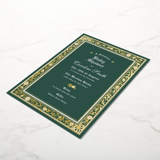 おとぎ話の森の緑と金ゴールドの赤ちゃんシャワー 箔招待状 (回転した状態)