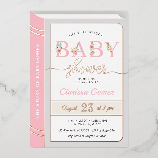 おとぎ話の童話ベビーガールシャワーピンクローズ 箔招待状 (正面)