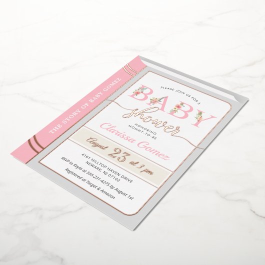 おとぎ話の童話ベビーガールシャワーピンクローズ 箔招待状 (回転した状態)