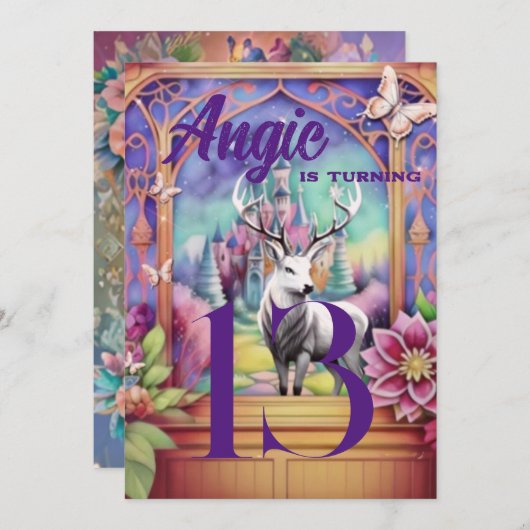 おとぎ話の紫とピンクの水の色ホワイトスタン 招待状 (正面/裏面)