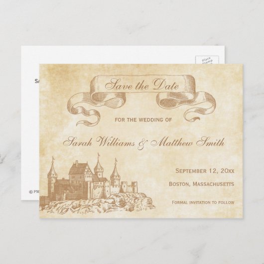 おとぎ話の結婚式の日付のはがきを保存 案内ポストカード (正面/裏面)