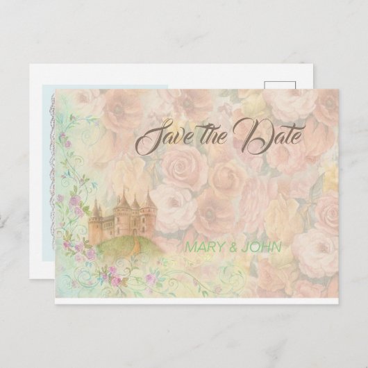 おとぎ話の結婚式の日付を保存 案内ポストカード (正面/裏面)