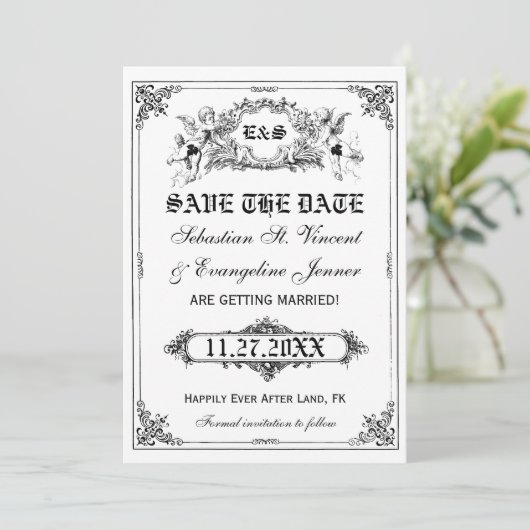 おとぎ話の絵本風の結婚式のSave the Dateカード 招待状 (スタンド正面)