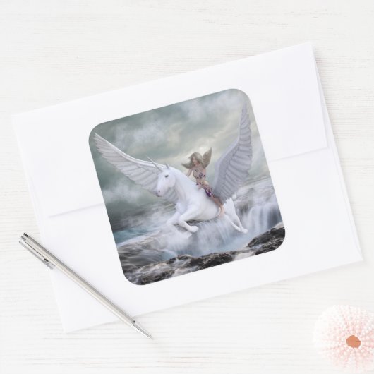 おとぎ話の魔法の神秘的ユニコーンと女性 スクエアシール (封筒)